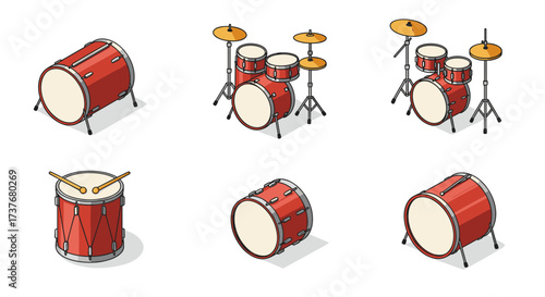 Isometric drum set collection with various percussion instruments on white background