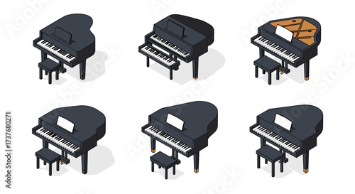 Elegant isometric grand pianos set with diverse perspectives and open lid variants