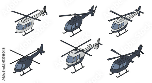 Isometric helicopter set: six detailed 3d aircraft designs