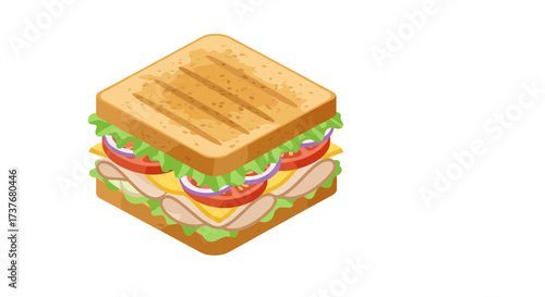 Delicious isometric sandwich with grilled bread layers and fresh veggies