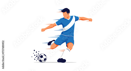A professional athlete kicks a soccer ball on a white background