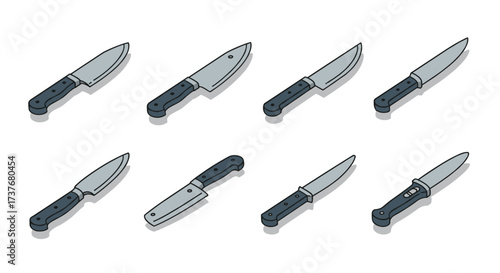 Isometric kitchen knife set on white background for culinary design