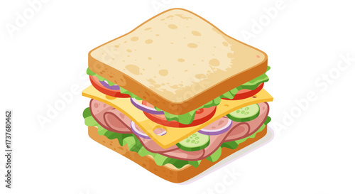 Colorful 3d sandwich with lettuce, ham, and cheese layers on white background