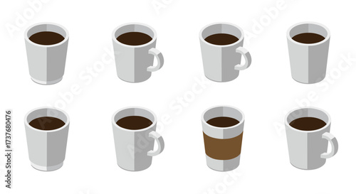 Isometric coffee mugs collection featuring various designs and arrangements