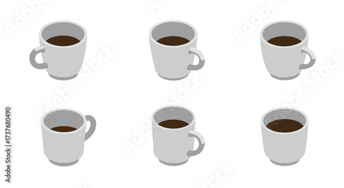 Isometric six mug set filled with coffee on white background