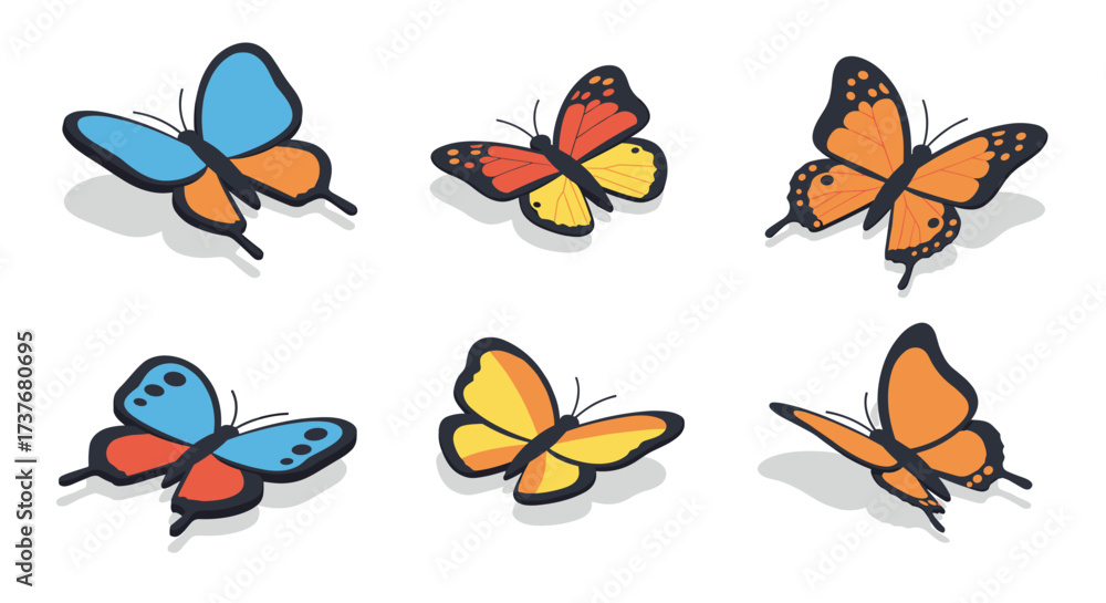 Fototapeta premium Colorful butterflies in isometric style set against a white background