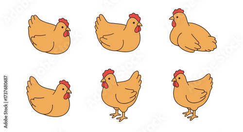 Collection of cartoon chickens in various poses on white background