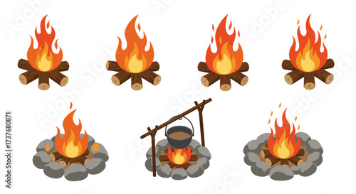 Collection of campfire designs with flames and cooking pot illustration