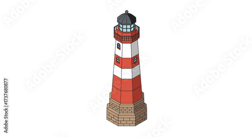 Isometric red and white lighthouse on stone base with lantern room