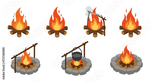 Isometric campfire and cooking elements: detailed fire pit collection for outdoor themes