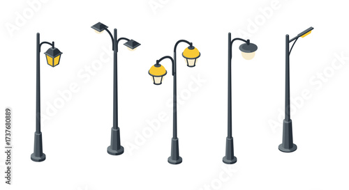 Modern street lamps collection with solar panels in isometric style