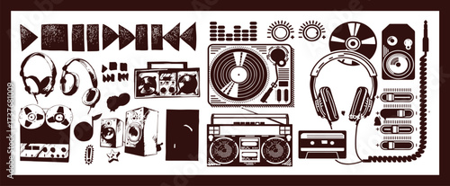 Set of flat illustrations of musical instruments, headphones, microphones, tape recorder, gramophone and radio in cartoon, hand-drawn style