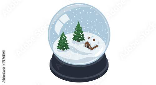 Winter snow globe with pine trees and cottage in isometric design