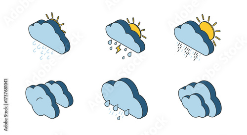 Hand drawn weather icons: sunny, rainy, stormy, cloudy, and mixed conditions