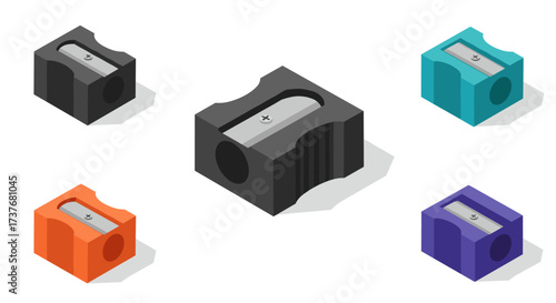 Colorful isometric pencil sharpeners on white background