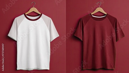 Two short-sleeved raglan t-shirts, one white and one burgundy, hang on wooden hangers against a deep red backdrop