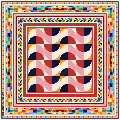 Abstract geometric scarf pattern featuring colorful interlocking shapes, including semi-circles, creating a modern and vibrant surface design.