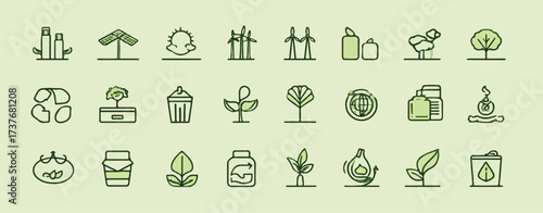 Sustainability and environmental conservation icons set representing eco friendly practices and renewable energy technologies