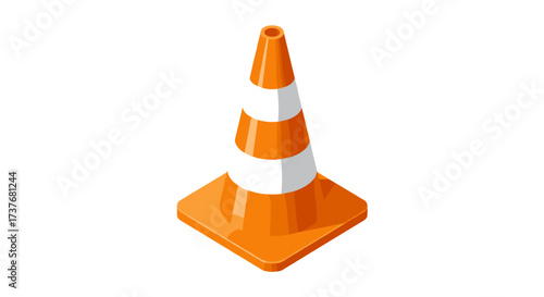 Isometric traffic cone with orange and white stripes on square base