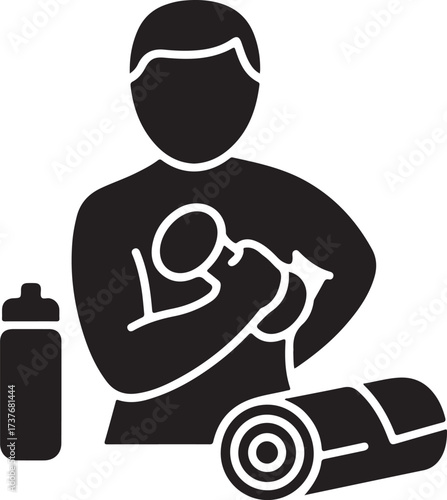 Silhouette of a person lifting weights with a water bottle and rolled up mat fitness workout