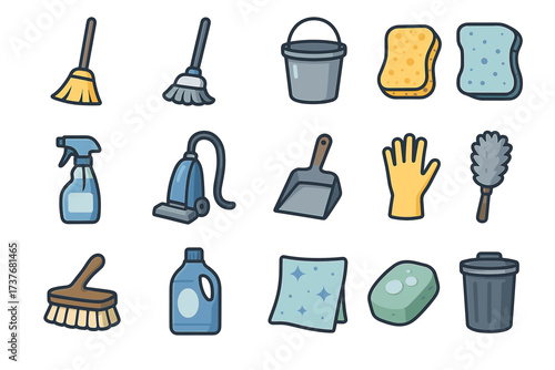 Collection of cleaning supplies and tools including broom, mop, bucket, sponge, vacuum, and more