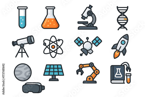 Set of science and technology icons: lab equipment, space exploration, robotics, dna structure