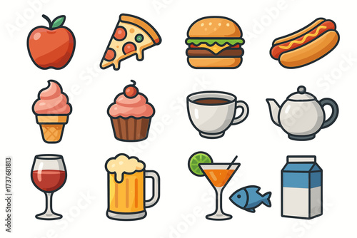 Assorted cartoon food and drink icons including pizza, burger, ice cream, and beverages