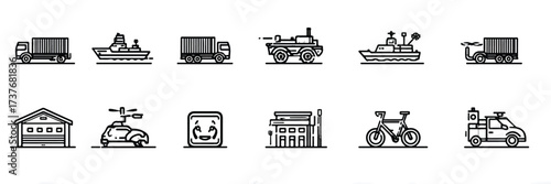Transportation vehicle icons showcasing a variety of methods from land to sea and air travel