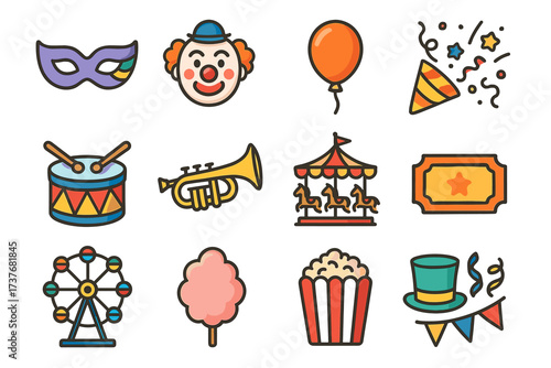 Colorful carnival icons featuring clown, ferris wheel, and popcorn