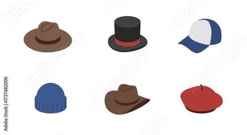 Isometric collection of diverse hats: fedora, top, baseball, beanie, cowboy, beret