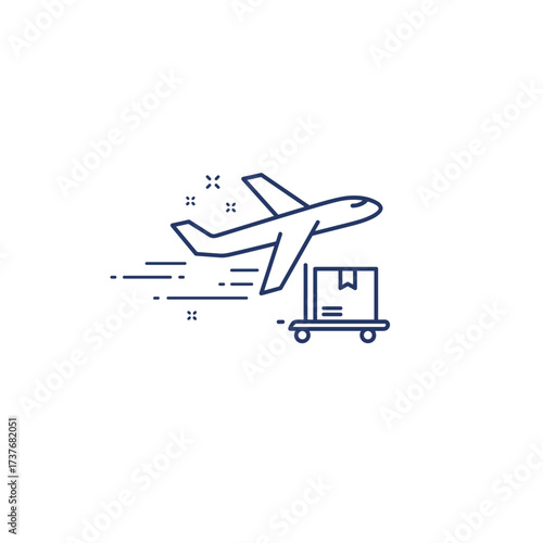 Airplane delivering package on cart in minimalist line art  