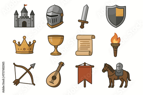 Medieval icons collection: castle, armor, sword, shield, crown, chalice, scroll, torch, bow, lute, banner, horseman