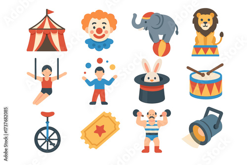 Circus icons: clown, animals, performers, and big top tent with ticket and spotlight