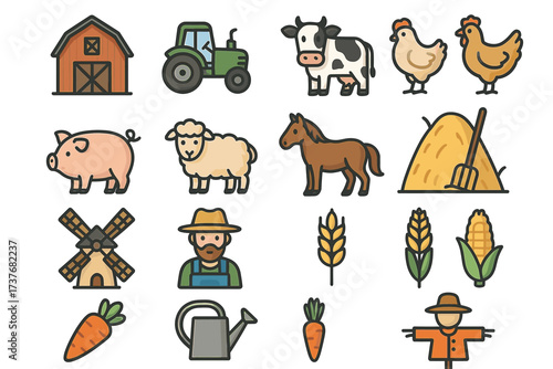 Colorful farm icons: animals, equipment, and crops collection