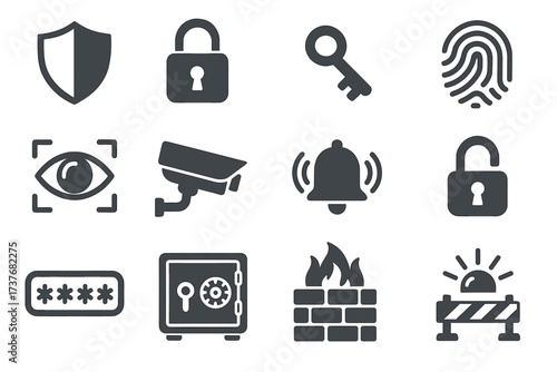 Security icons set: shield, lock, key, fingerprint, camera, alarm, safe, firewall