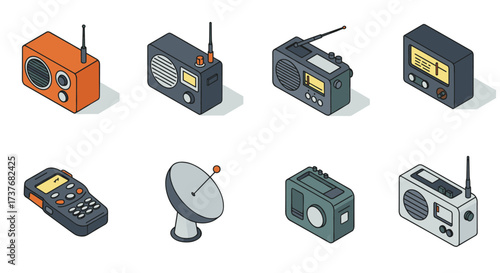 Collection of isometric vintage radios and communication devices