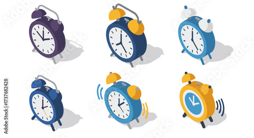 Isometric alarm clocks in various colors with ringing effect on white background