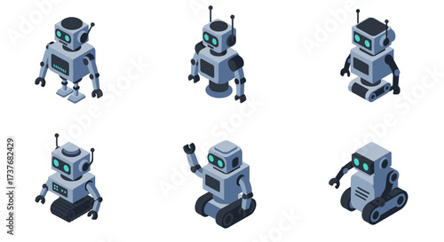 Isometric cute robot collection with various designs and expressions