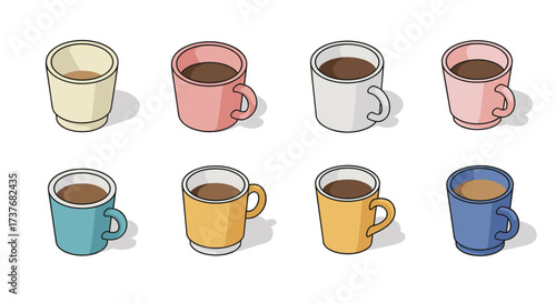 Colorful variety of isometric coffee mugs in pastel shades on white background