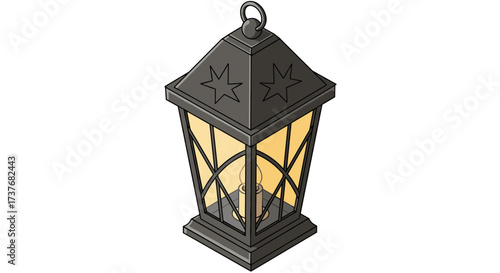 Vintage lantern with candle inside and star design on transparent background