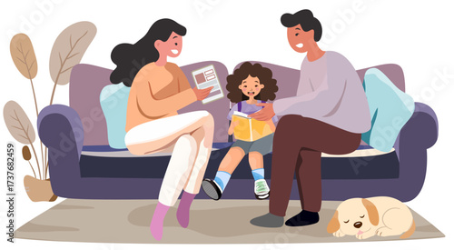 Vector illustration of family, father, mother, child sitting on sofa with little puppy sleeping.