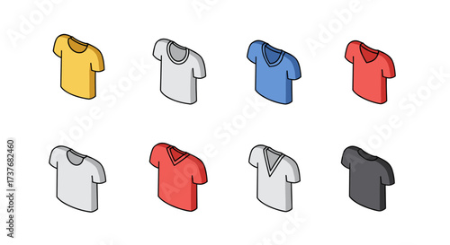 Colorful isometric t-shirts collection featuring diverse styles and colors