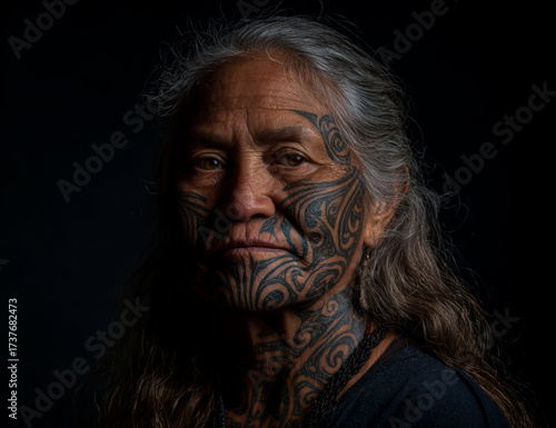 Elderly man with traditional facial tattoos looking directly at the camera with a serious expression