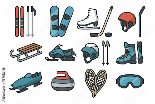 Collection of winter sports equipment icons: skiing, snowboarding, skating, and more