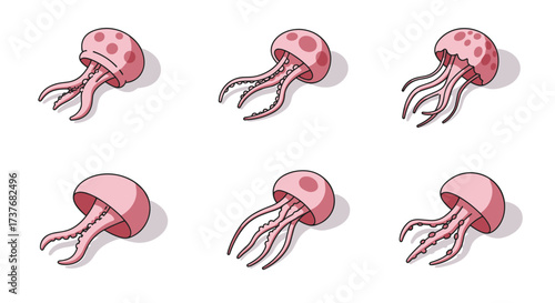 Cute pink jellyfish collection on white background