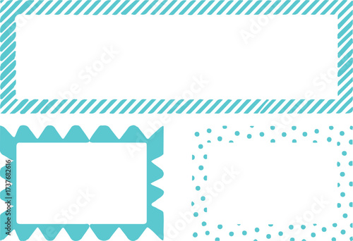 Three vibrant turquoise frames a striped rectangle, a scalloped rectangle, and a dotted rectangle, perfect for adding a touch of fun and organization to any project or design