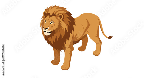 Majestic lion standing proud with flowing mane on white background
