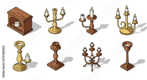 Isometric candle holders collection with classic designs and wooden elements