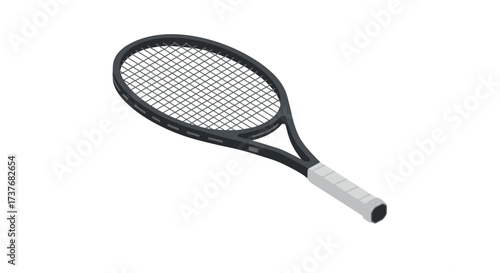 Isometric tennis racket on white background with gray handle