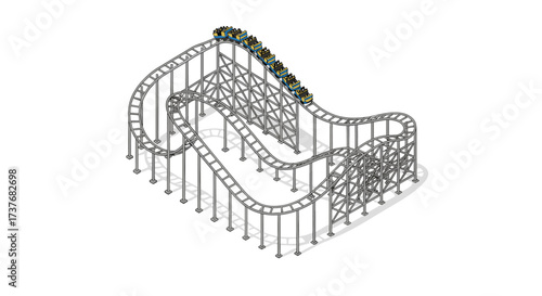 Thrilling isometric roller coaster ride on steel track with carriages and loops
